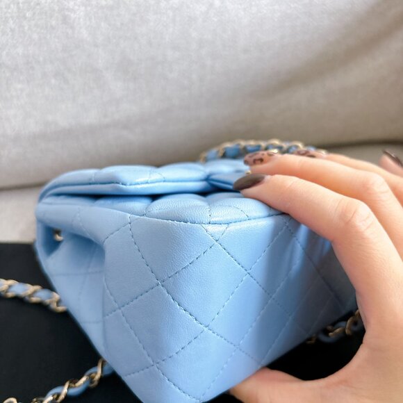 98% NEW CHANEL LAMB SKIN BABY BLUE SQUARE FLAP BAG - Picture 10 of 15